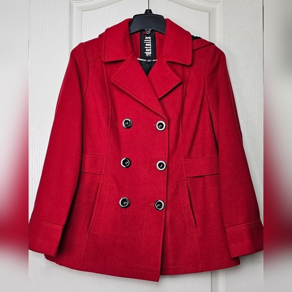 INTL DETAILS Womens RED Double Breasted Pea Coat MEDIUM Removable Hood - Picture 2 of 11
